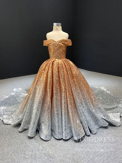 Off the Shoulder Gold Sequin Ball Gown for Child FD1959K-Pageant Dresses for Kids 2025 -Viniodress-As Picture-Custom Size-