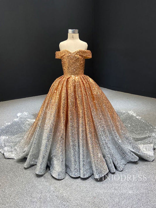 Off the Shoulder Gold Sequin Ball Gown for Child FD1959K-Pageant Dresses for Kids 2025 -Viniodress-As Picture-Custom Size-