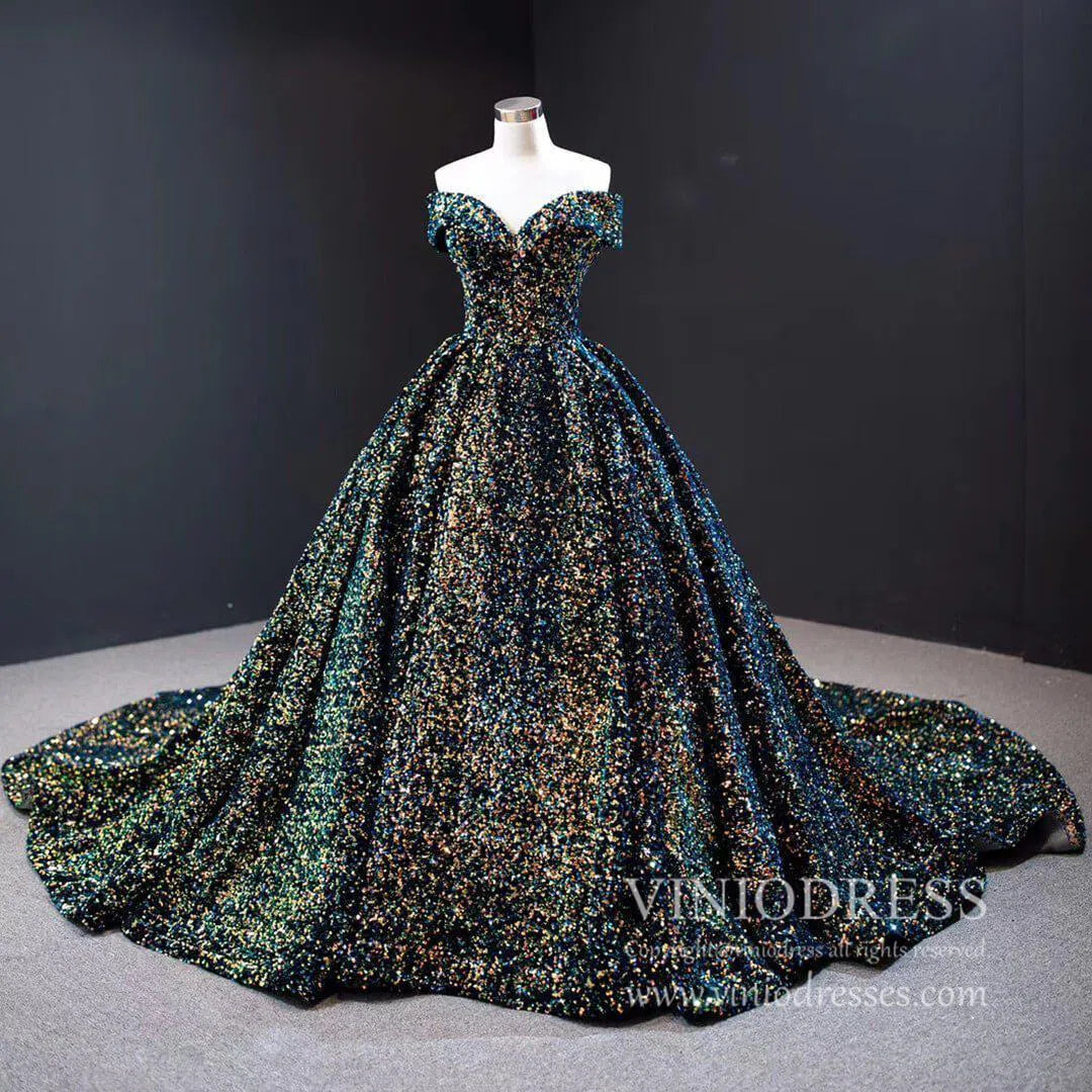 Off the Shoulder Green Prom Dresses Plus Size Vintage Ball Gowns 66742 viniodress-prom dresses-Viniodress-Blue Gold-Custom Size-Viniodress