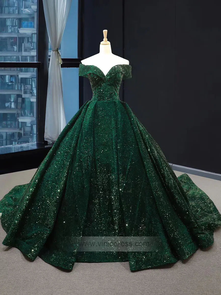 Off the Shoulder Green Prom Dresses Plus Size Vintage Ball Gowns 66742 viniodress-prom dresses-Viniodress-Emerald Green-Custom Size-Viniodress