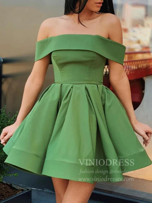 Off the Shoulder Green Satin Homecoming Dresses with Pockets SD1256B-Homecoming Dresses 2025 -Viniodress-Green-Custom Size-