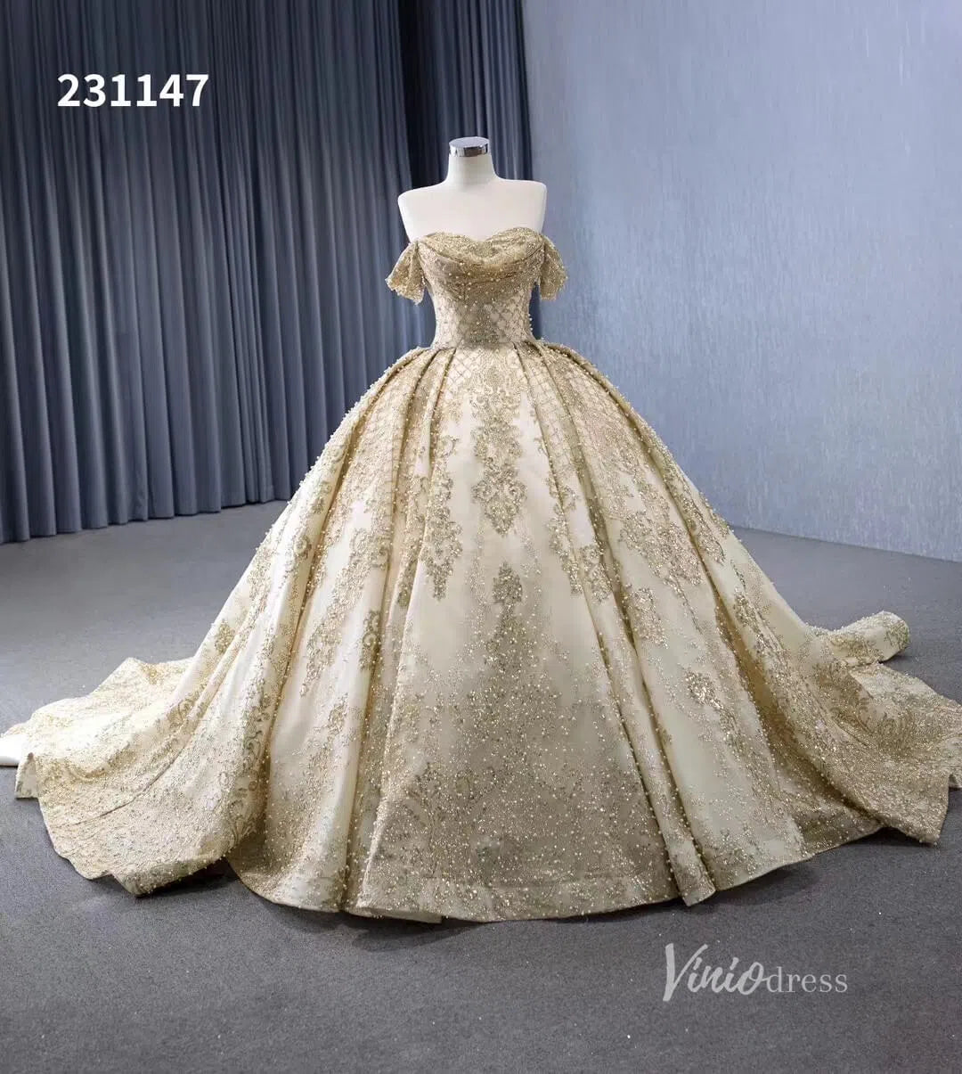 Off the Shoulder Green Wedding Gowns Champagne Quince Dresses 231147-Quinceanera Dresses 2025 -Viniodress-Gold-Custom Size-