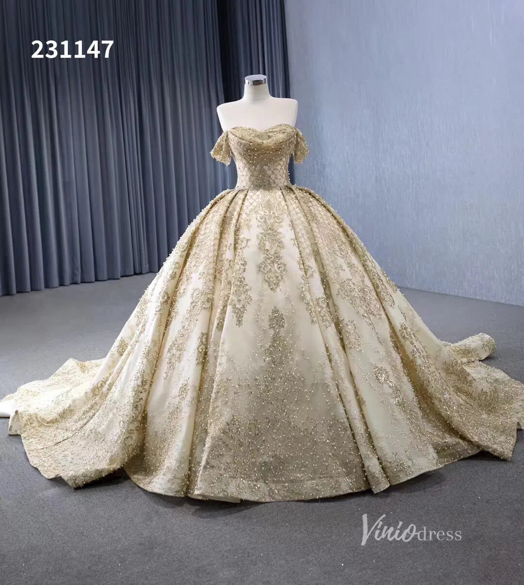 Off the Shoulder Green Wedding Gowns Champagne Quince Dresses 231147-Quinceanera Dresses-Viniodress-Gold-Custom Size-Viniodress