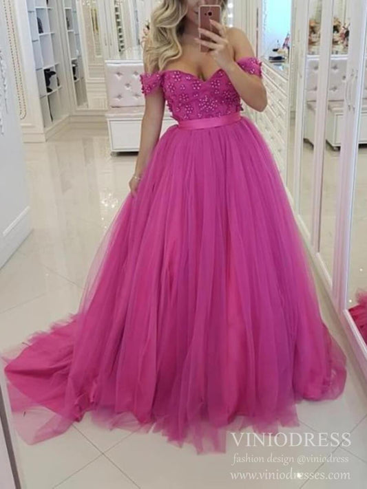 Prom Dress 2025 Off the Shoulder Hot Pink Prom Dresses Beaded Bodice FD2020-unique prom dresses-Fuchsia-Custom Size-Viniodress