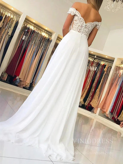 Off the Shoulder Ivory Long Chiffon Bridesmaid Dresses Lace Bodice VB1701-bridesmaid dresses 2025 -Viniodress-Ivory-Custom Size-