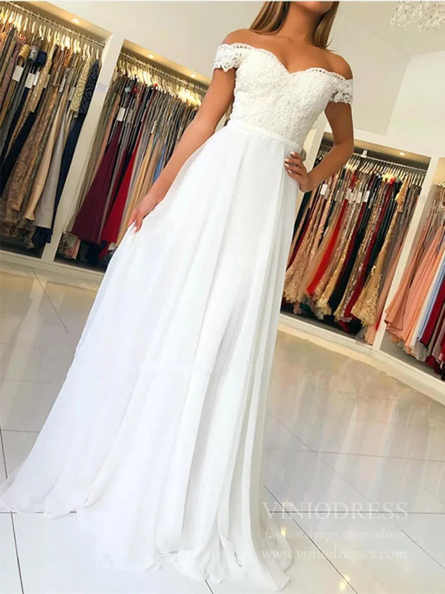 Off the Shoulder Ivory Long Chiffon Bridesmaid Dresses Lace Bodice VB1701-bridesmaid dresses 2025 -Viniodress-Ivory-Custom Size-