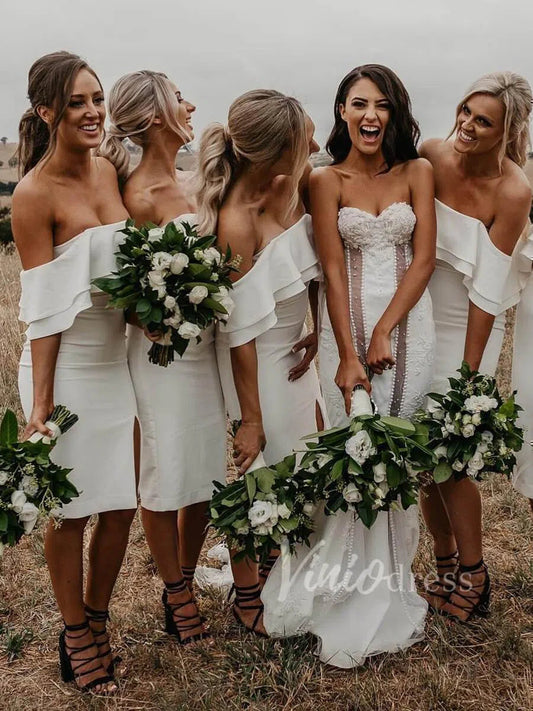 Off the Shoulder Knee Length Bridesmaid Dresses with Slit VB1020-bridesmaid dresses 2025 -Viniodress-Ivory-Custom Size-