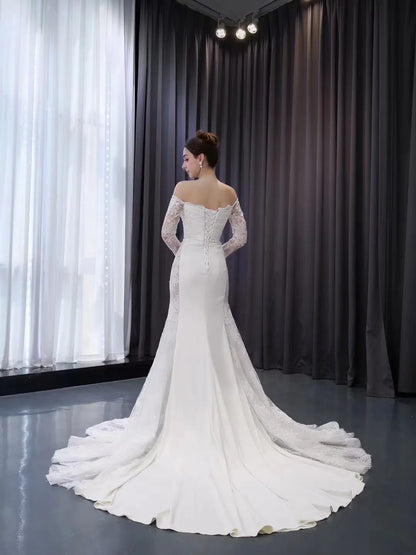 Off the Shoulder Lace Wedding Dresses Sheath Modern Bridal Dress with Sleeves 222242-wedding dresses 2025 -Viniodress-Ivory-Custom Size-