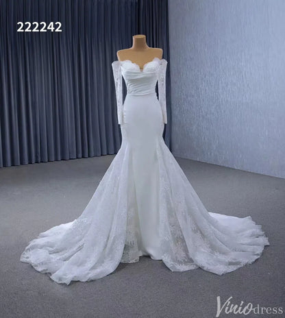 Off the Shoulder Lace Wedding Dresses Sheath Modern Bridal Dress with Sleeves 222242-wedding dresses 2025 -Viniodress-Ivory-Custom Size-