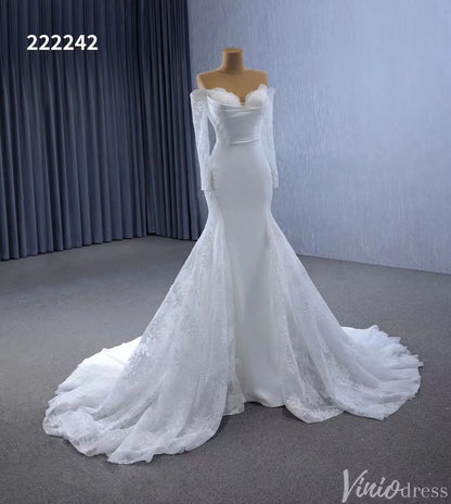 Off the Shoulder Lace Wedding Dresses Sheath Modern Bridal Dress with Sleeves 222242-wedding dresses 2025 -Viniodress-Ivory-Custom Size-