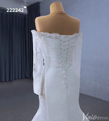 Off the Shoulder Lace Wedding Dresses Sheath Modern Bridal Dress with Sleeves 222242-wedding dresses 2025 -Viniodress-Ivory-Custom Size-