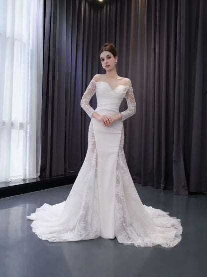 Off the Shoulder Lace Wedding Dresses Sheath Modern Bridal Dress with Sleeves 222242-wedding dresses 2025 -Viniodress-Ivory-Custom Size-