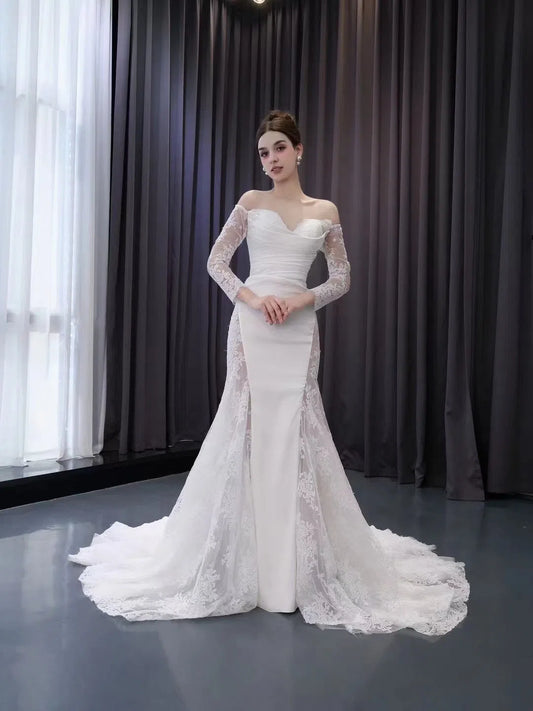 Off the Shoulder Lace Wedding Dresses Sheath Modern Bridal Dress with Sleeves 222242-wedding dresses 2025 -Viniodress-Ivory-Custom Size-