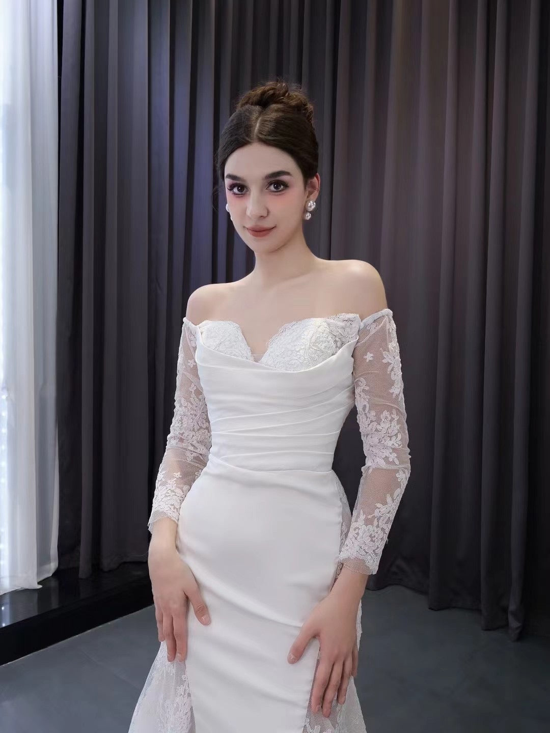 Off the Shoulder Lace Wedding Dresses Sheath Modern Bridal Dress with Sleeves 222242-wedding dresses-Viniodress-Viniodress