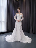 Off the Shoulder Lace Wedding Dresses Sheath Modern Bridal Dress with Sleeves 222242-wedding dresses-Viniodress-Viniodress