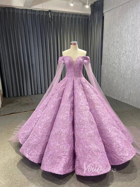 Off the Shoulder Lilac Ball Gown Wedding Dress 66661 Extra Long Cape Sleeves-prom dresses 2025 -Viniodress-Lilac-Custom Size-