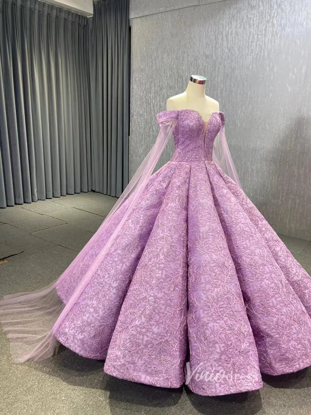 Off the Shoulder Lilac Ball Gown Wedding Dress 66661 Extra Long Cape Sleeves-prom dresses-Viniodress-Viniodress