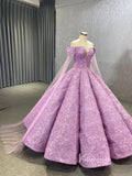 Off the Shoulder Lilac Ball Gown Wedding Dress 66661 Extra Long Cape Sleeves-prom dresses-Viniodress-Viniodress