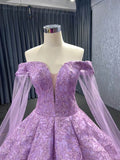 Off the Shoulder Lilac Ball Gown Wedding Dress 66661 Extra Long Cape Sleeves-prom dresses-Viniodress-Viniodress