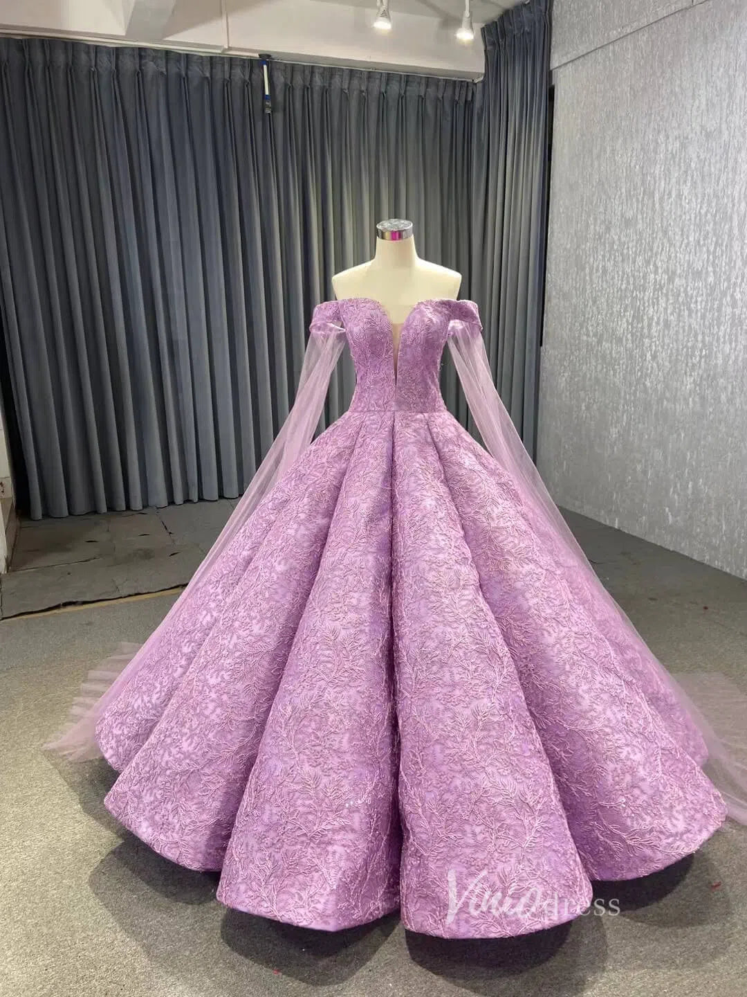 Off the Shoulder Lilac Ball Gown Wedding Dress 66661 Extra Long Cape Sleeves-prom dresses-Viniodress-Viniodress