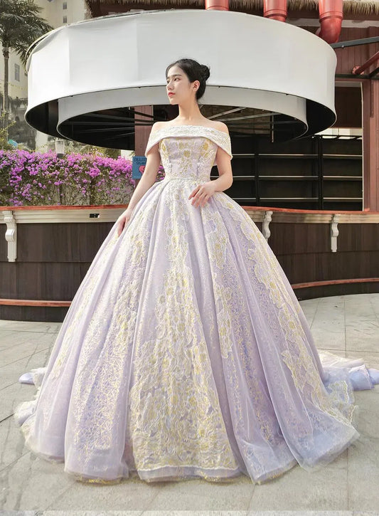 Off the Shoulder Lilac Lace Sweet 15 Dresses Vintage Quince Dress FD2412 viniodress-prom dresses 2025 -Viniodress-As Picture-Custom Size-