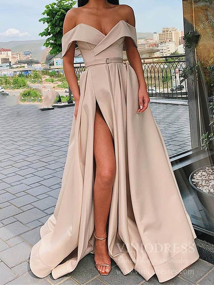 Off the Shoulder Lilac Satin Prom Dresses with Pockets FD1826-prom dresses 2025 -Viniodress-Nude-Custom Size-