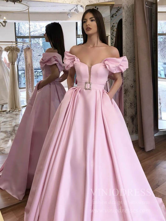 Off the Shoulder Long Pink Satin Prom Dresses with Pockets FD1815-prom dresses 2025 -Viniodress-Pink-Custom Size-
