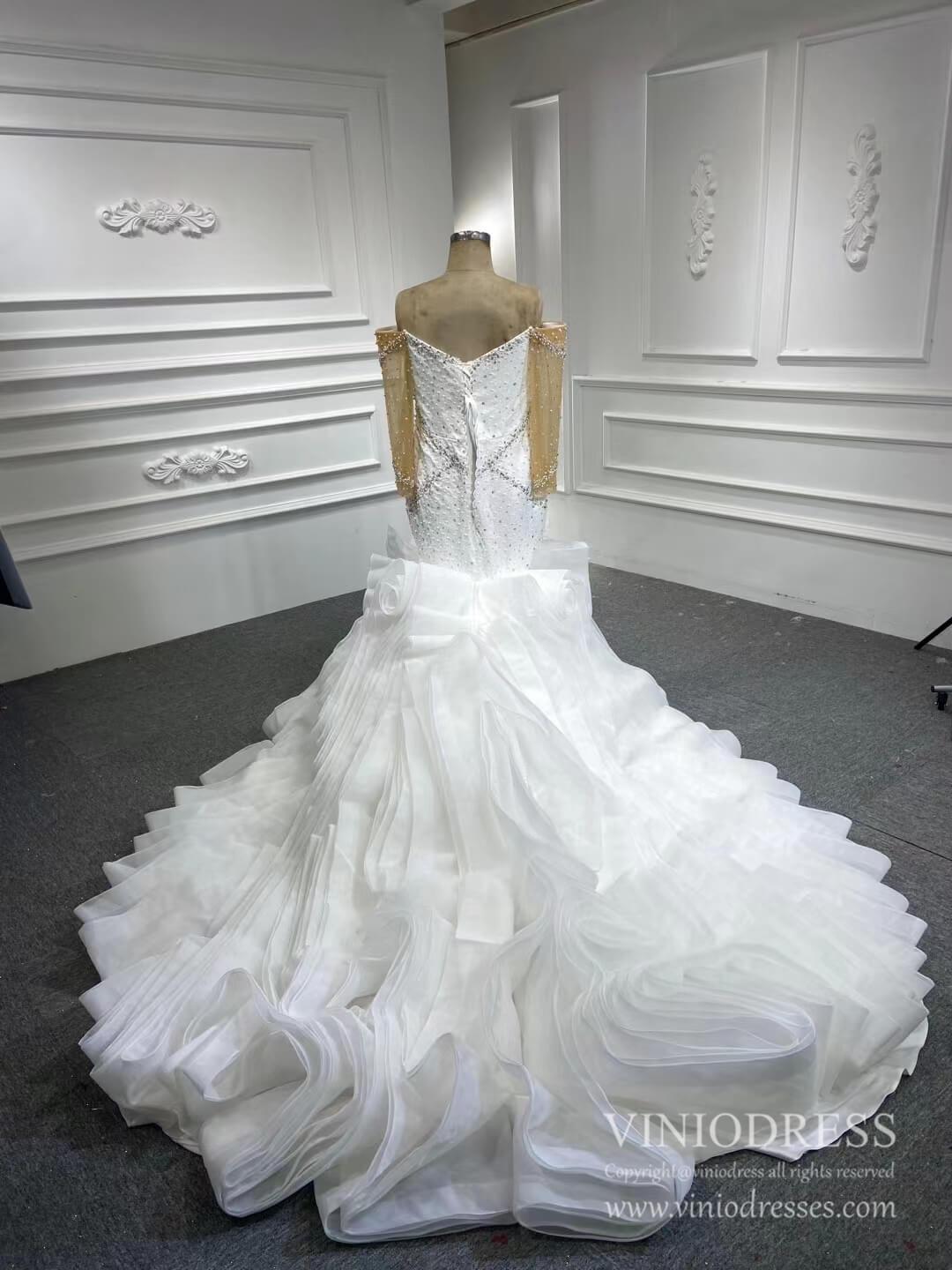 Off the Shoulder Long Sleeve Mermaid Wedding Dresses Ruffled Rosette Skirt VW2035-wedding dresses 2025 -Viniodress-#1-As Picture-Custom Size