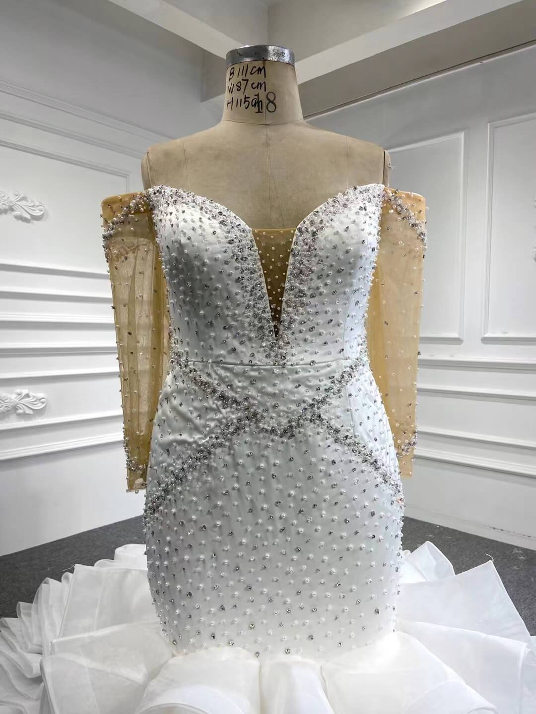 Off the Shoulder Long Sleeve Mermaid Wedding Dresses Ruffled Rosette Skirt VW2035-wedding dresses 2025 -Viniodress-#1-As Picture-Custom Size