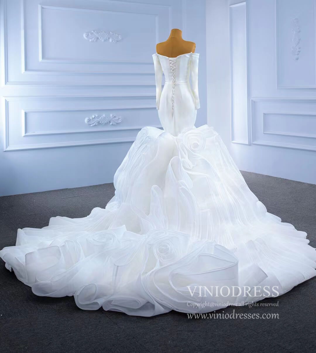 Off the Shoulder Long Sleeve Mermaid Wedding Dresses Ruffled Rosette Skirt VW2035-wedding dresses 2025 -Viniodress-#1-As Picture-Custom Size