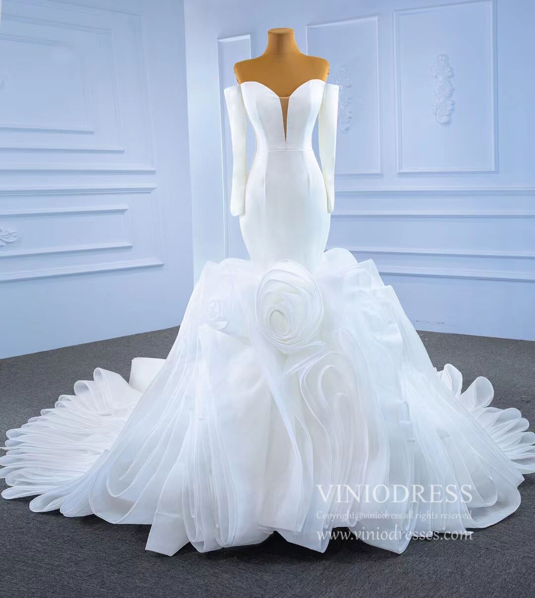 Off the Shoulder Long Sleeve Mermaid Wedding Dresses Ruffled Rosette Skirt VW2035-wedding dresses 2025 -Viniodress-#1-As Picture-Custom Size