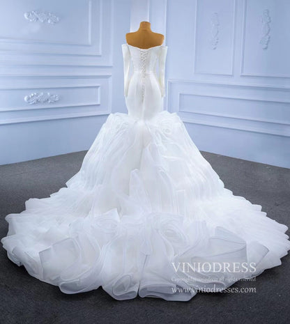 Off the Shoulder Long Sleeve Mermaid Wedding Dresses Ruffled Rosette Skirt VW2035-wedding dresses 2025 -Viniodress-#1-As Picture-Custom Size