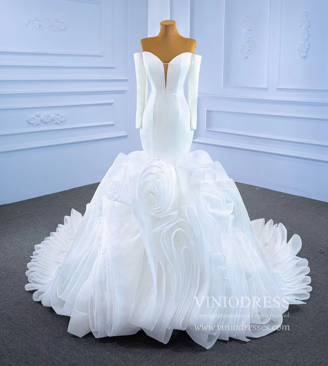 Off the Shoulder Long Sleeve Mermaid Wedding Dresses Ruffled Rosette Skirt VW2035-wedding dresses 2025 -Viniodress-#1-As Picture-Custom Size