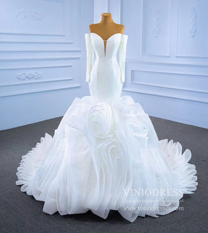 Off the Shoulder Long Sleeve Mermaid Wedding Dresses Ruffled Rosette Skirt VW2035-wedding dresses 2025 -Viniodress-#1-As Picture-Custom Size