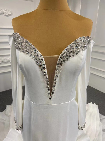 Off the Shoulder Long Sleeve Mermaid Wedding Dresses Ruffled Rosette Skirt VW2035-wedding dresses 2025 -Viniodress-#1-As Picture-Custom Size