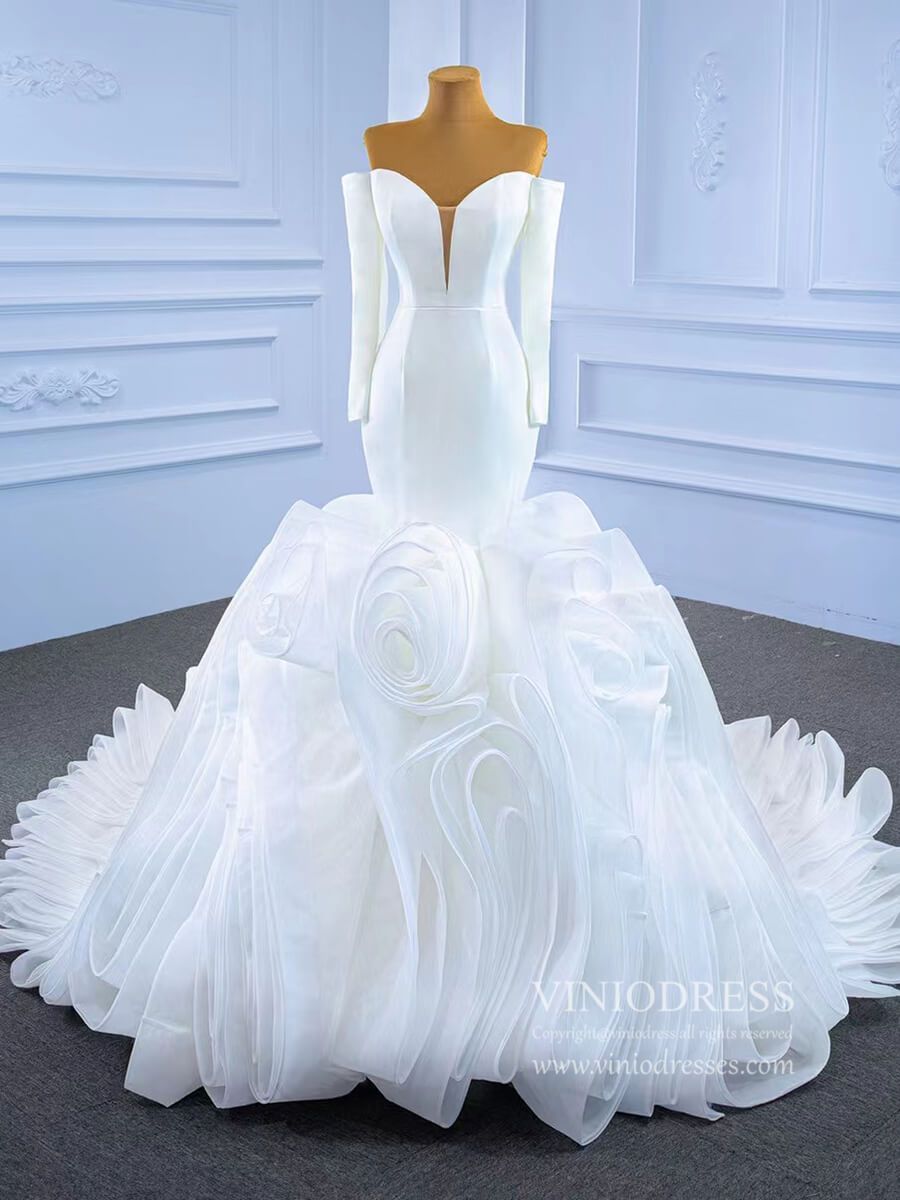 Off the Shoulder Long Sleeve Mermaid Wedding Dresses Ruffled Rosette Skirt VW2035-wedding dresses 2025 -Viniodress-#1-As Picture-Custom Size