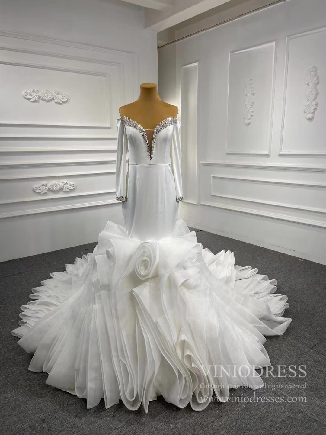 Off the Shoulder Long Sleeve Mermaid Wedding Dresses Ruffled Rosette Skirt VW2035-wedding dresses 2025 -Viniodress-#2-As Picture-Custom Size