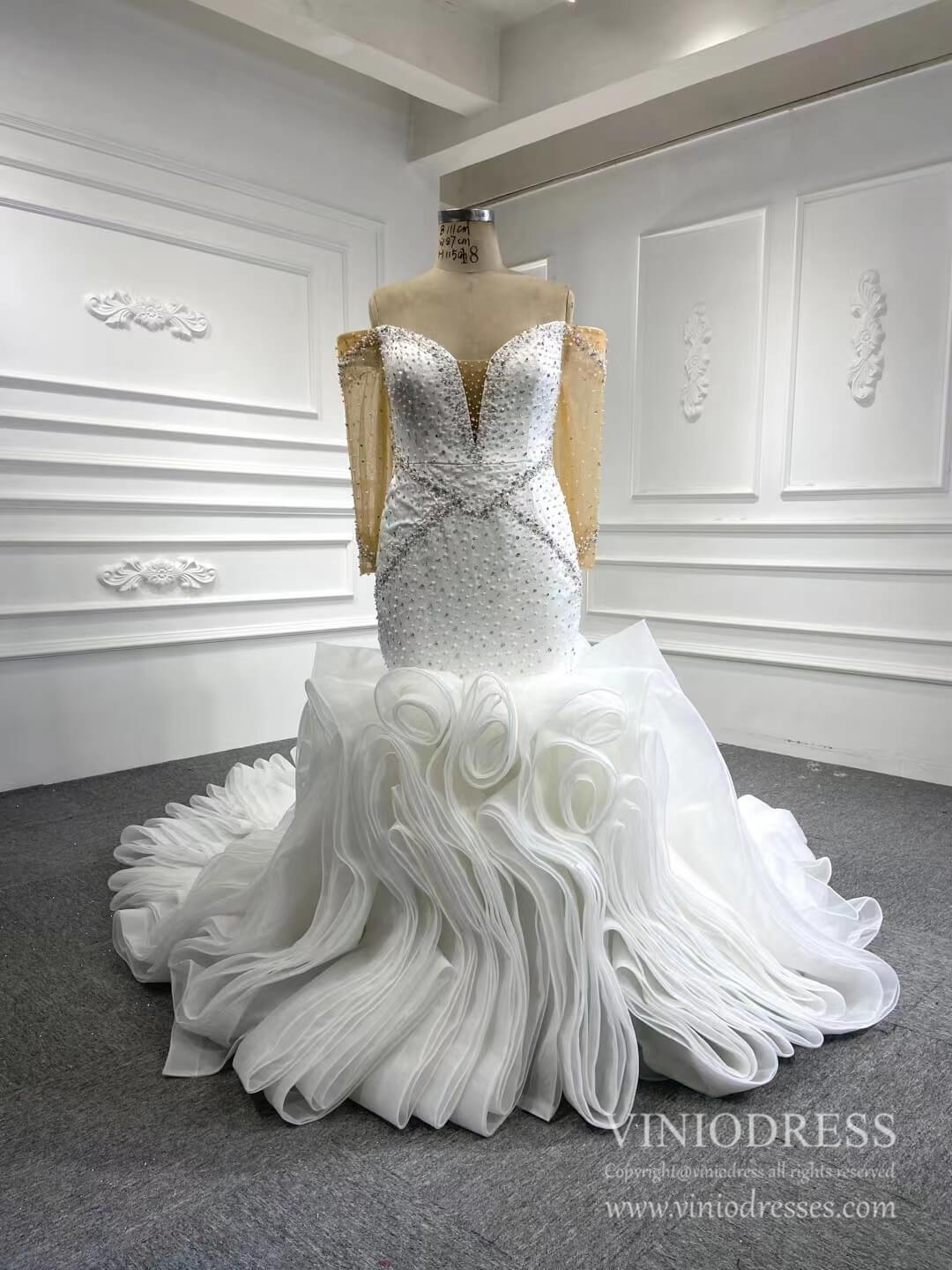 Off the Shoulder Long Sleeve Mermaid Wedding Dresses Ruffled Rosette Skirt VW2035-wedding dresses 2025 -Viniodress-#3-As Picture-Custom Size