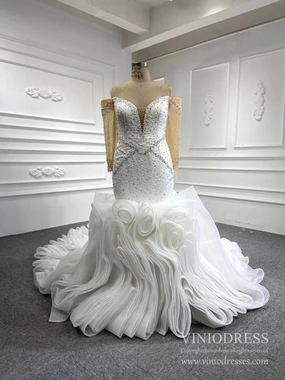 Off the Shoulder Long Sleeve Mermaid Wedding Dresses Ruffled Rosette Skirt VW2035-wedding dresses 2025 -Viniodress-#3-As Picture-Custom Size