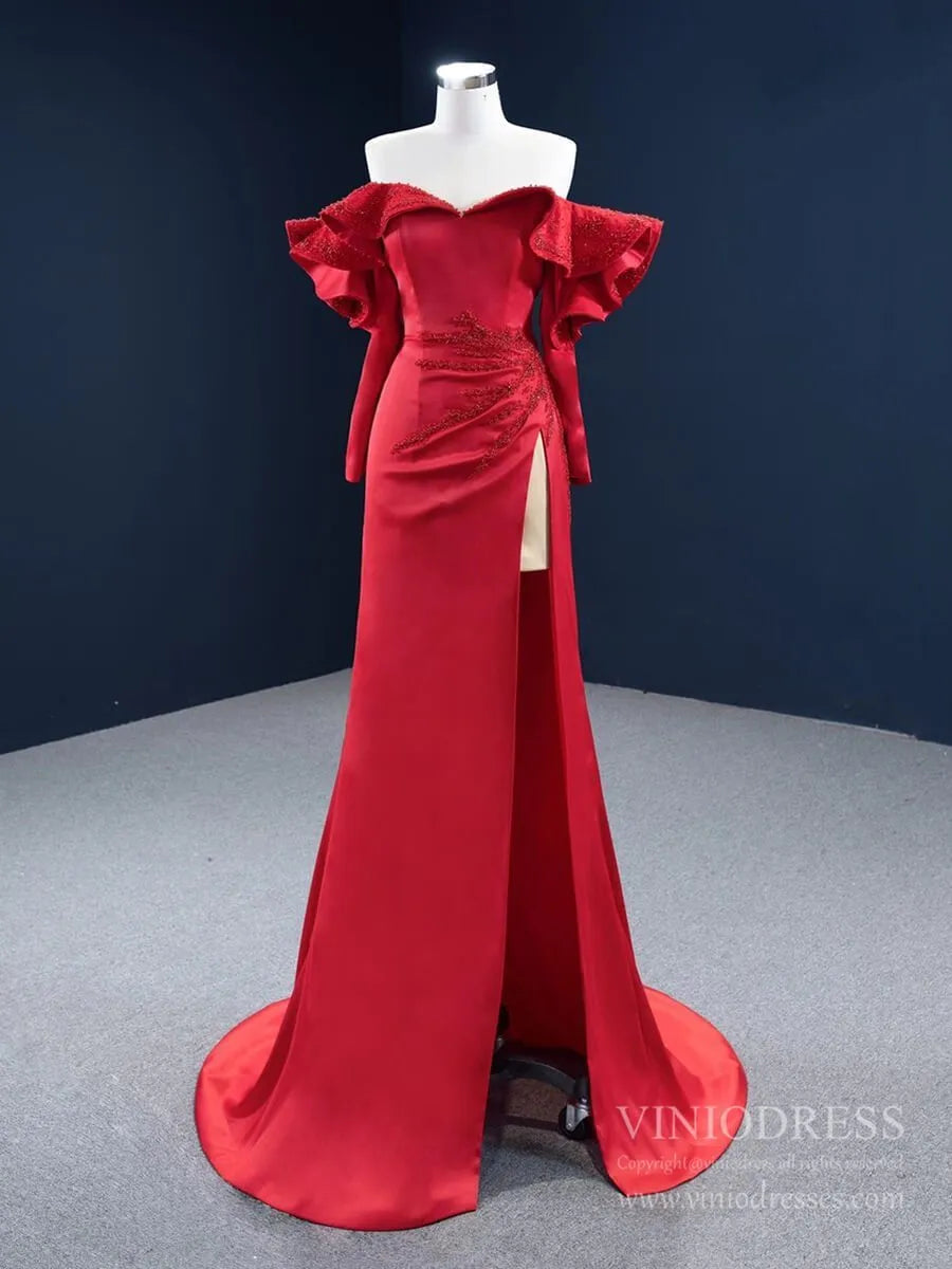 Off the Shoulder Long Sleeve Red Satin Prom Dress with Slit FD2459 viniodress-prom dresses 2025 -Viniodress-Red-Custom Size-