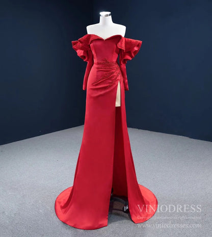 Off the Shoulder Long Sleeve Red Satin Prom Dress with Slit FD2459 viniodress-prom dresses 2025 -Viniodress-Red-Custom Size-