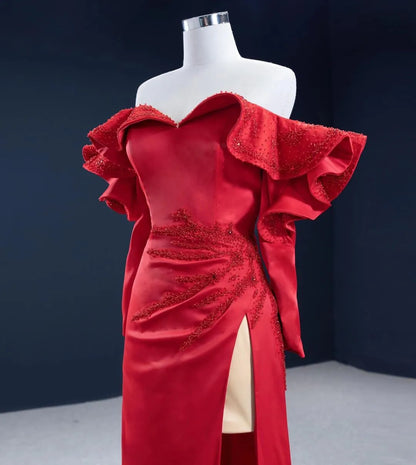 Off the Shoulder Long Sleeve Red Satin Prom Dress with Slit FD2459 viniodress-prom dresses 2025 -Viniodress-Red-Custom Size-