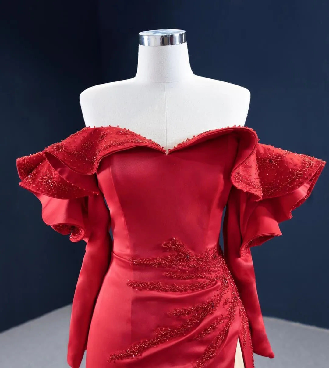 Off the Shoulder Long Sleeve Red Satin Prom Dress with Slit FD2459 viniodress-prom dresses 2025 -Viniodress-Red-Custom Size-