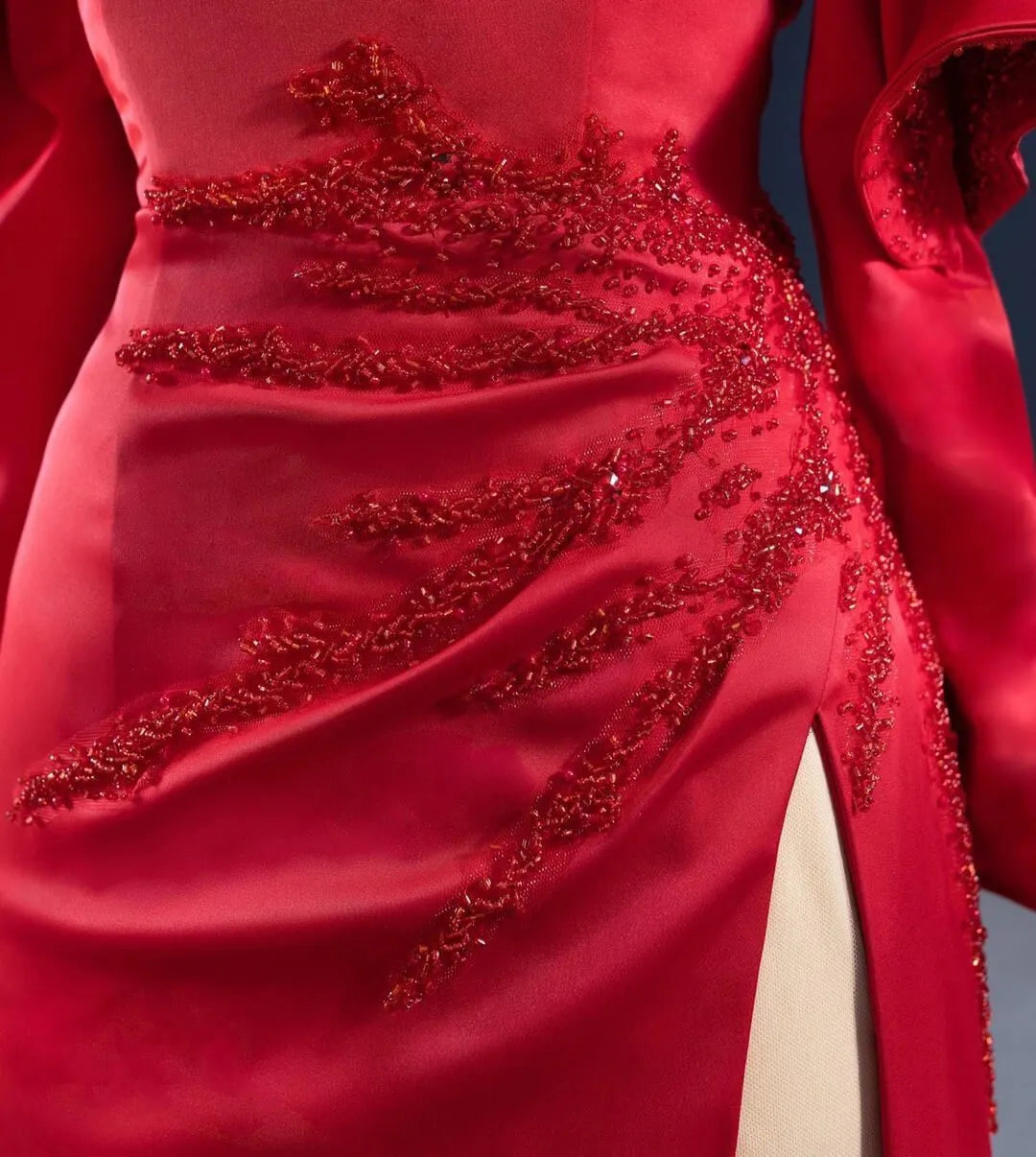 Off the Shoulder Long Sleeve Red Satin Prom Dress with Slit FD2459 viniodress-prom dresses 2025 -Viniodress-Red-Custom Size-