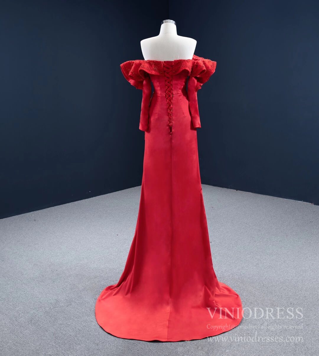 Prom Dress 2025 Off the Shoulder Long Sleeve Red Satin Prom Dress with Slit FD2459 viniodress-unique prom dresses-Red-Custom Size-Viniodress