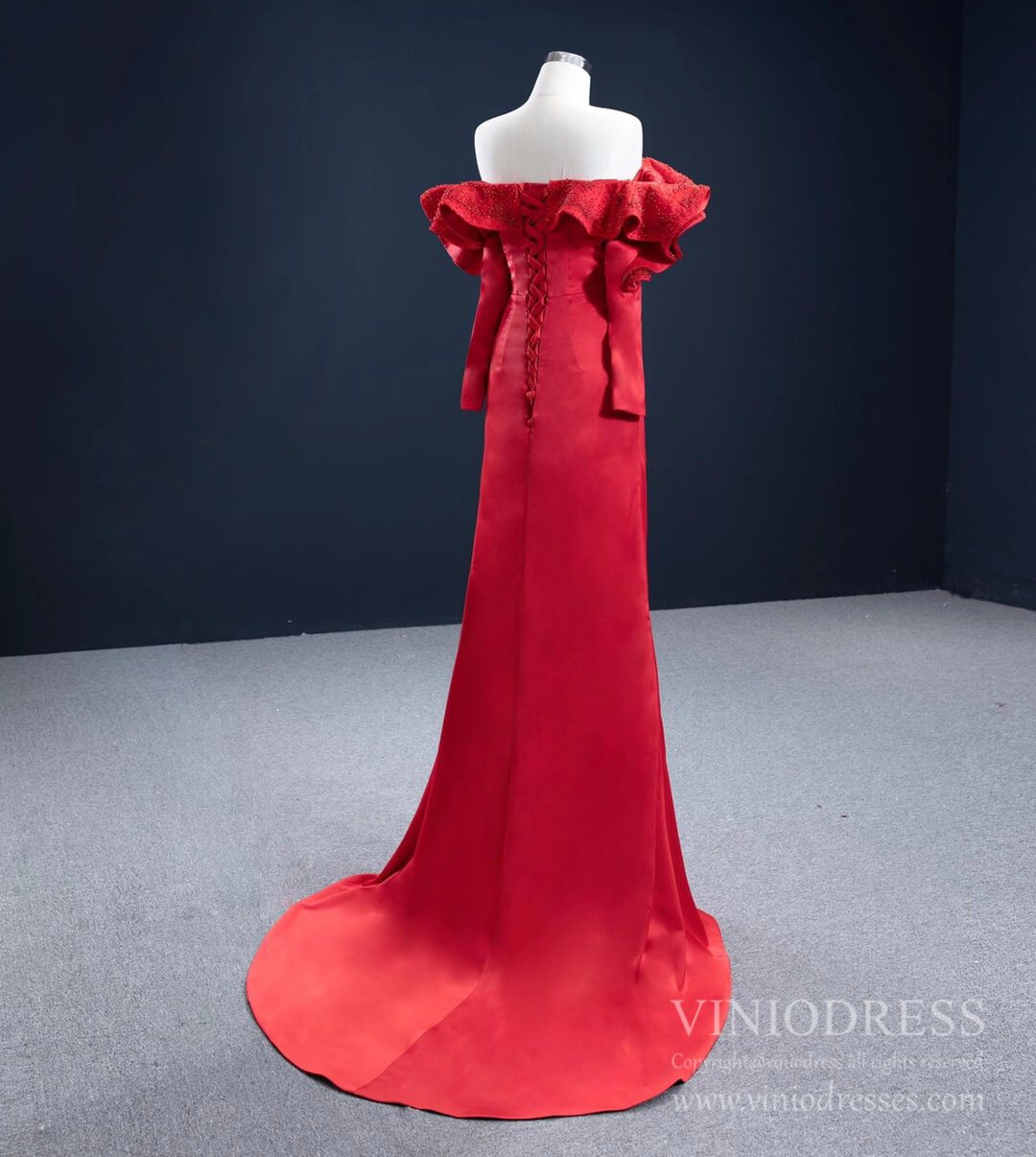 Prom Dress 2025 Off the Shoulder Long Sleeve Red Satin Prom Dress with Slit FD2459 viniodress-unique prom dresses-Red-Custom Size-Viniodress