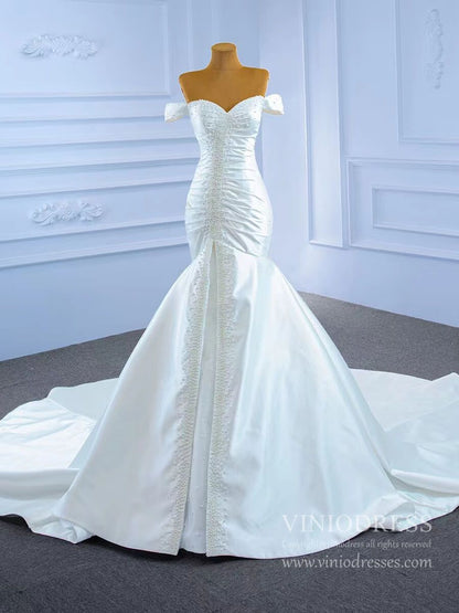 Off the Shoulder Mermaid Satin Wedding Dress with Pearls 67285-wedding dresses 2025 -Viniodress-As Picture-Custom Size-