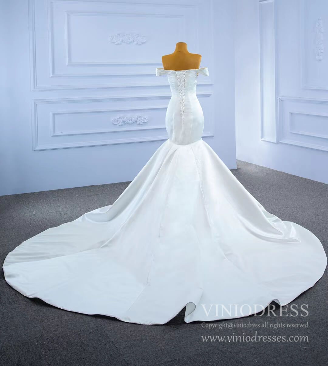 Off the Shoulder Mermaid Satin Wedding Dress with Pearls 67285-wedding dresses 2025 -Viniodress-As Picture-Custom Size-