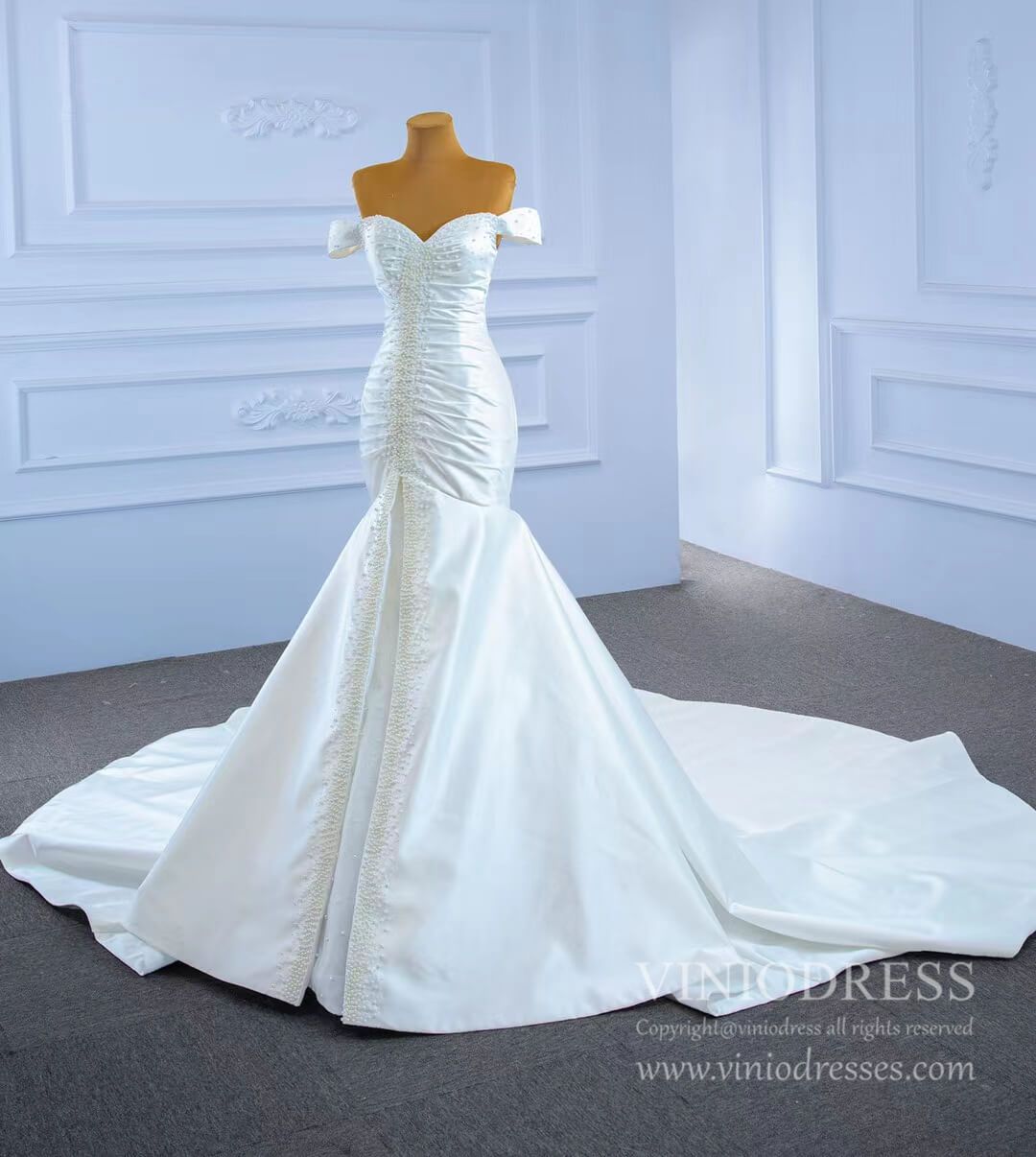 Off the Shoulder Mermaid Satin Wedding Dress with Pearls 67285-wedding dresses 2025 -Viniodress-As Picture-Custom Size-