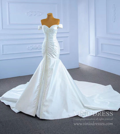 Off the Shoulder Mermaid Satin Wedding Dress with Pearls 67285-wedding dresses 2025 -Viniodress-As Picture-Custom Size-